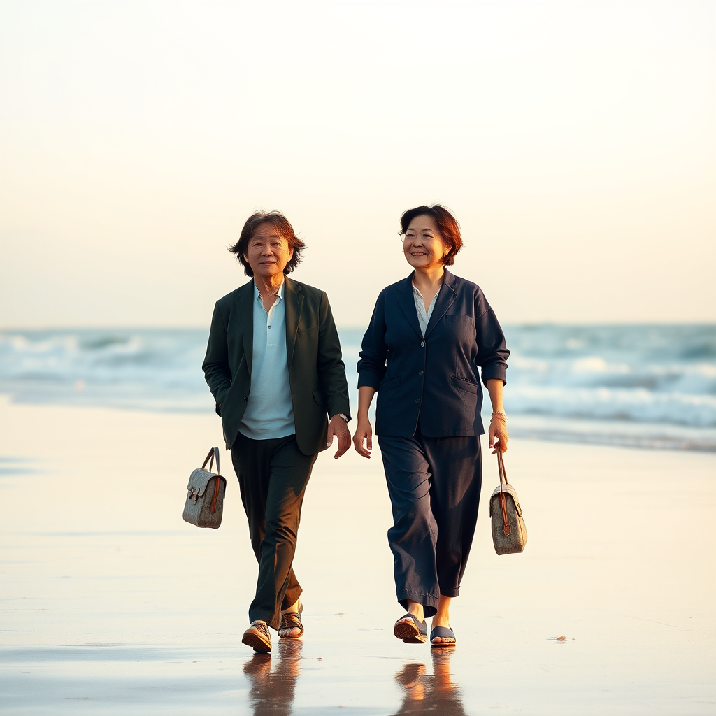 "Generate a realistic image of a middle-aged Korean couple walking on the beach." - Image