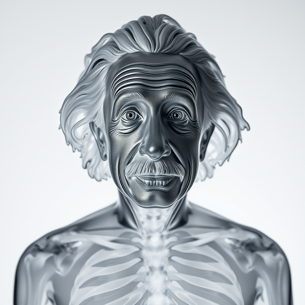 A portrait of a transparent Albert Einstein statue, inside the body, X-ray, looking at the camera.