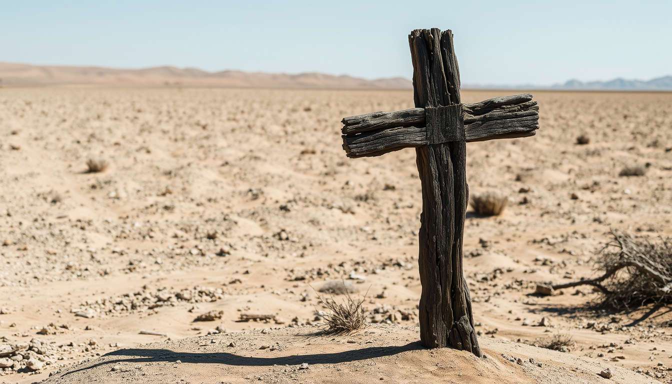 An old wooden cross in the middle of a barren desert. The cross is standing upright on the right side of the image. The cross is made of badly rotten and crumbly dark wood. The edges of the wood are jagged and uneven, with some areas of the bark appearing to be chipped and peeling off. The overall scene is desolate. - Image