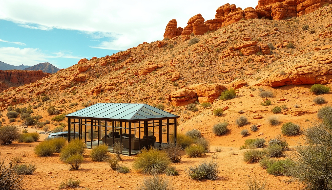 A dramatic desert landscape with a glass pavilion offering shade and shelter.