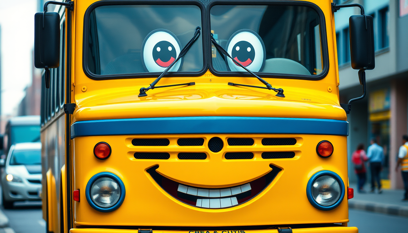 A bright yellow bus with friendly eyes on the windshield and a smiling mouth on the front grille. The bus looks cheerful and helpful, with a cheerful honking horn. The background is a colorful city street.