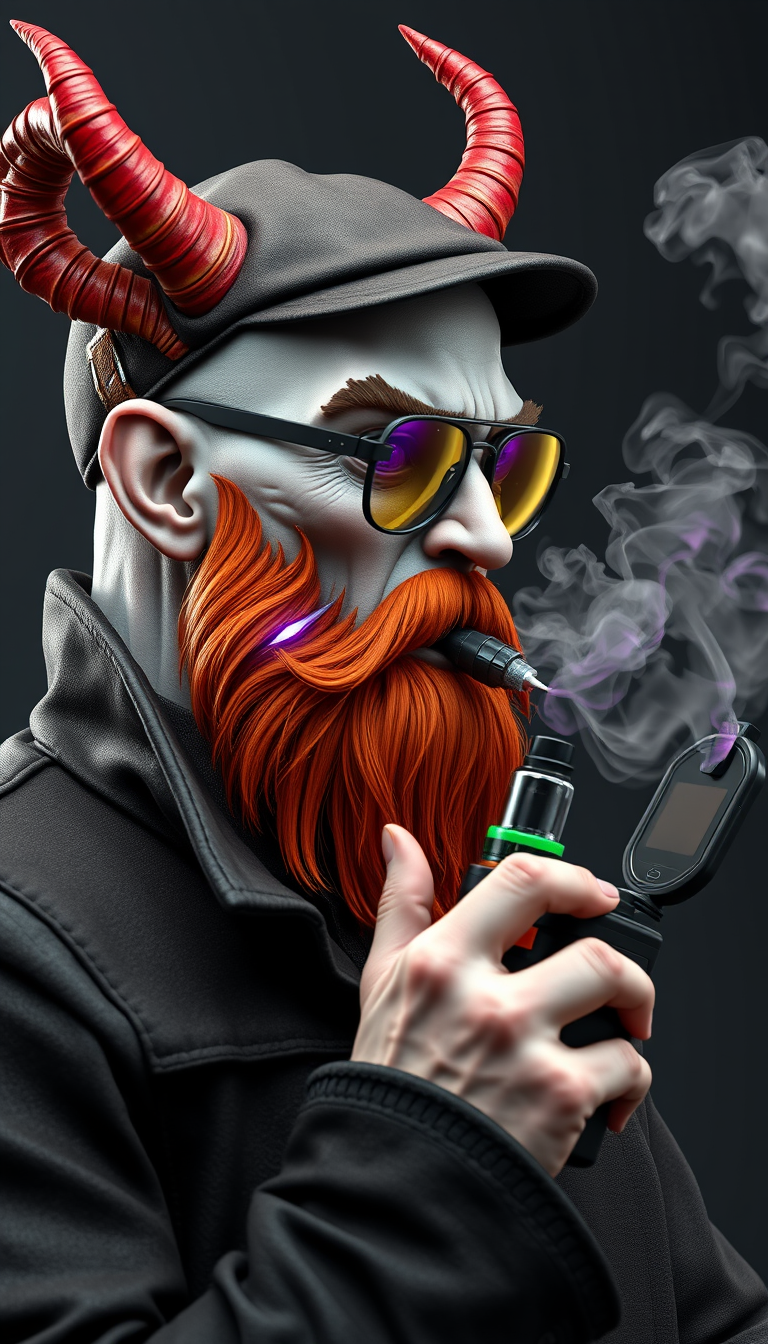 Three-quarter view of a sinister, bald human male with necromancer lich features. Demonic horns, short fiery ginger beard contrasts with dark eyebrows. Wears a weathered flat cap and aviator glasses. Clutches a sleek vape mod, exhaling dense, swirling vapor clouds. Vibrant e-liquid drips off his pale skin, creating a colorful aura. 3D render. - Image