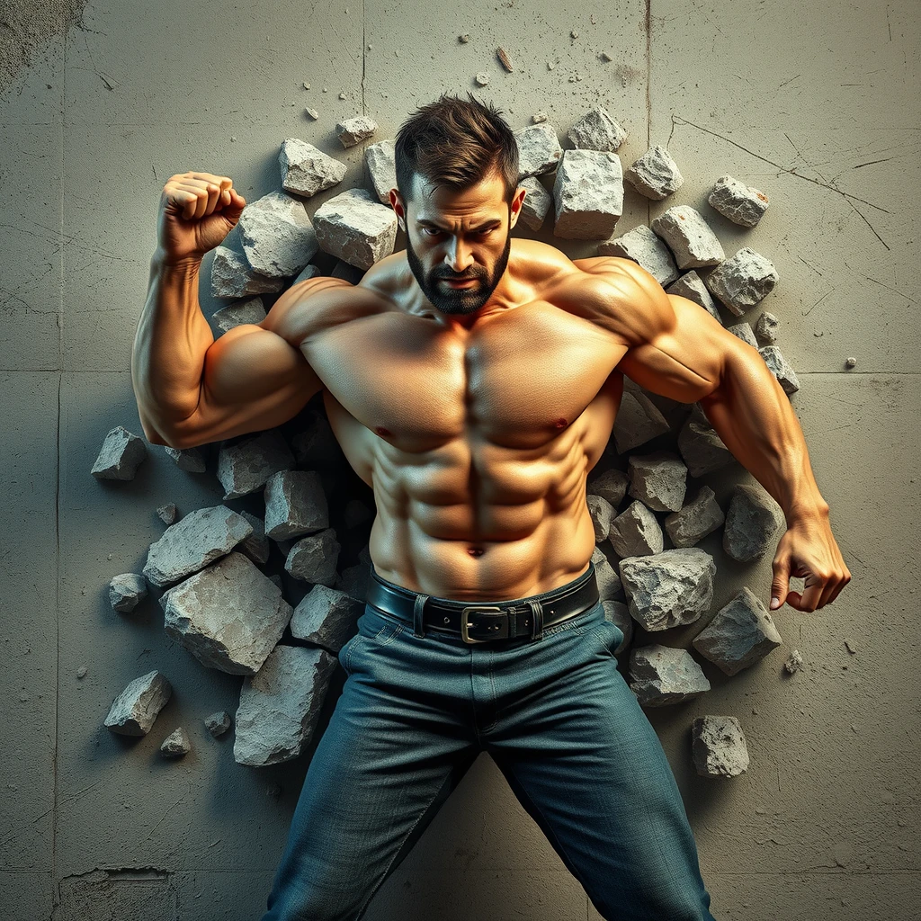 8k super high quality 3d image of a muscular man smashing through a wall destroying it