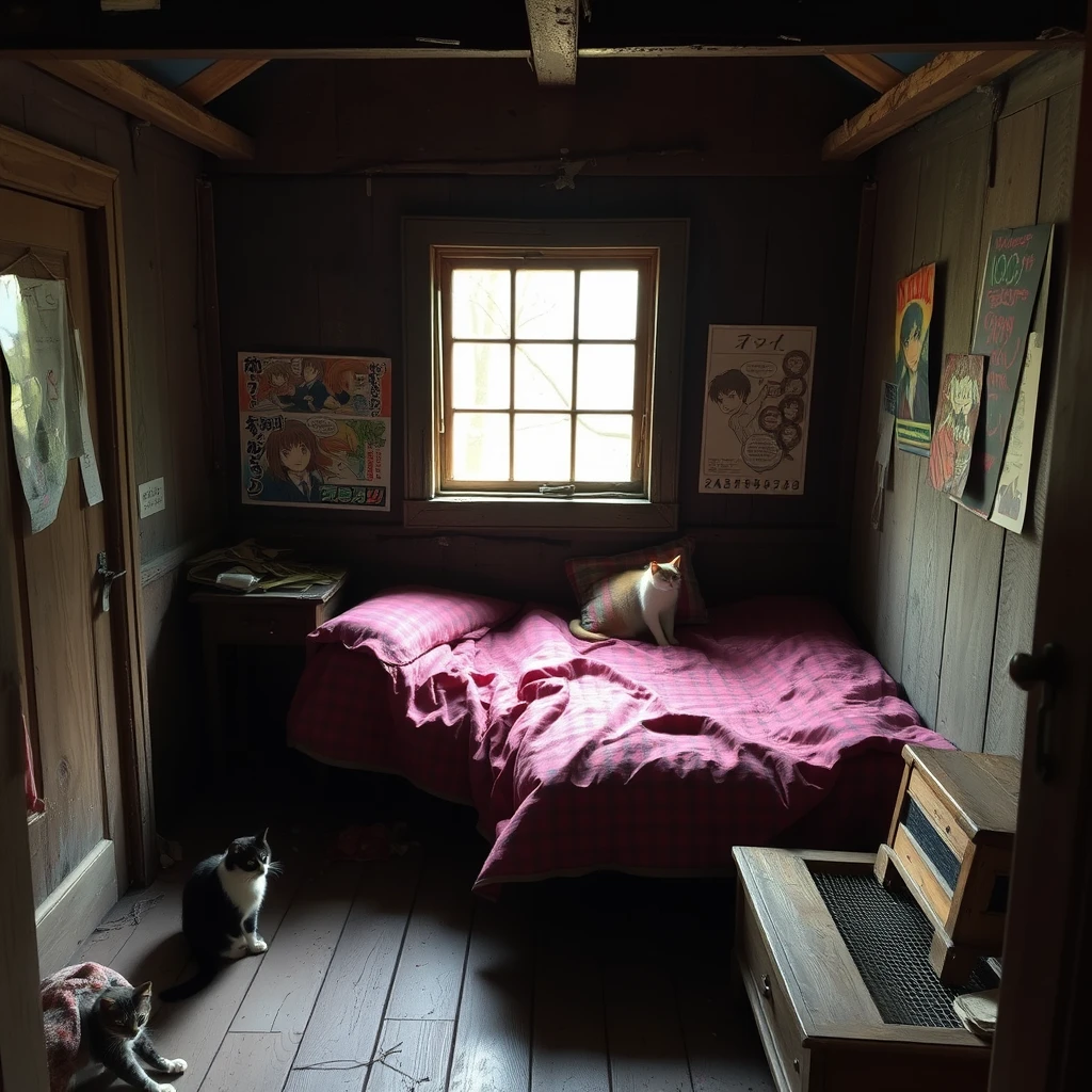 In a dilapidated wooden cabin, there is a bed, and one wall of the room has some posters of Japanese manga, while there are two cats in the room. Note that the cabin has a window.