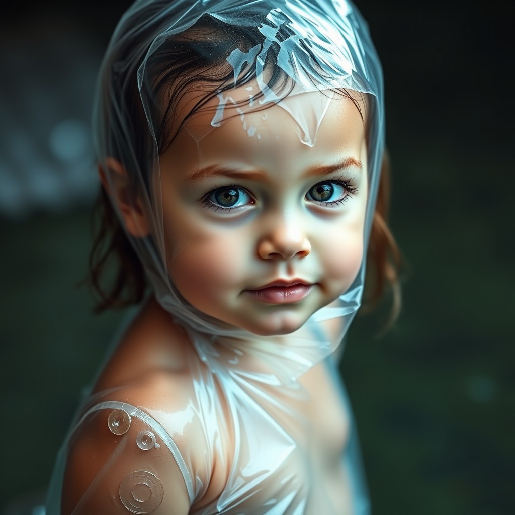 cute little girl with wet oily skin in a clear plastic swimsuit