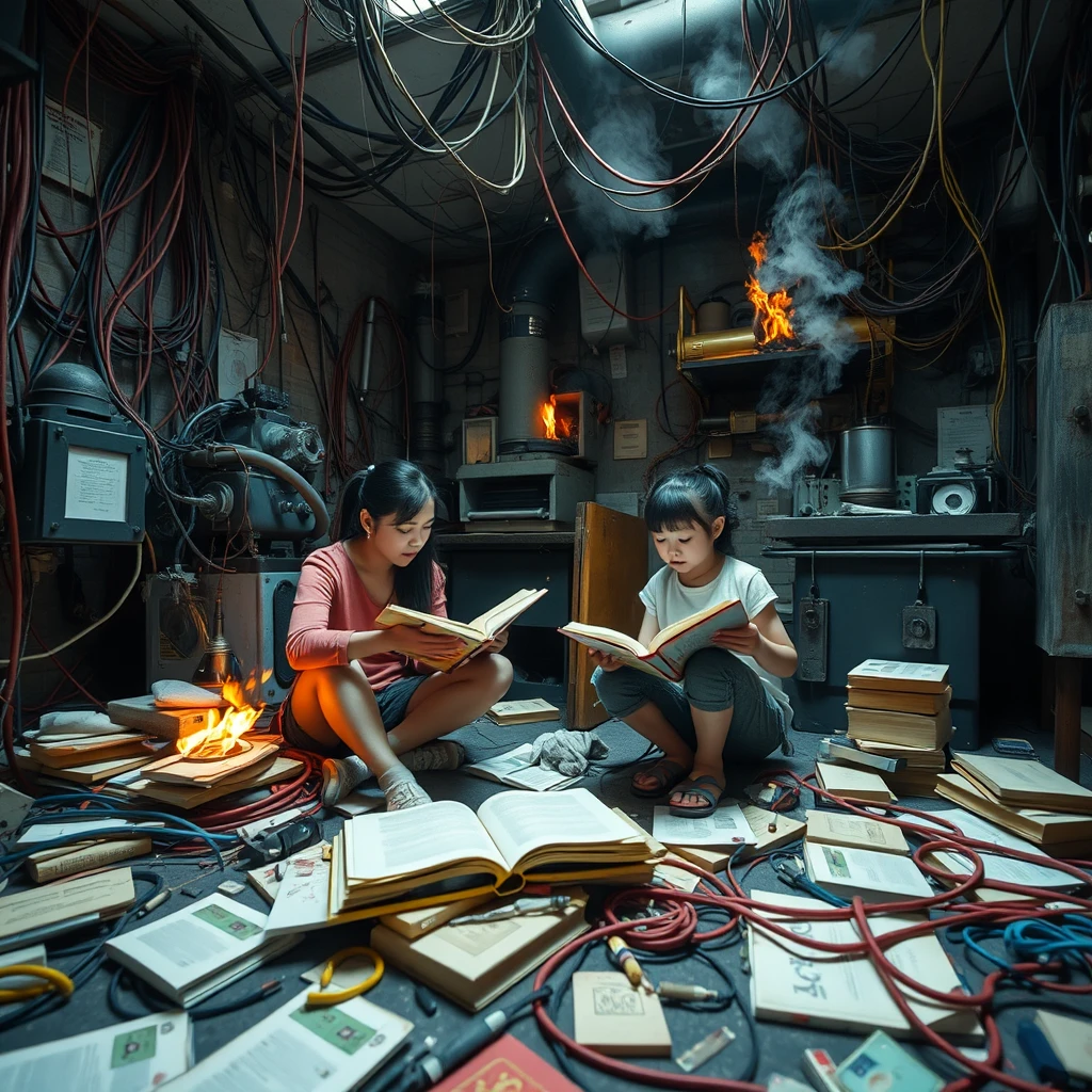 A real-life photograph, wide shot, of a strong woman and a Japanese girl reading books in the corner of a room. The room has some books scattered messily, and many wires of varying thicknesses are on the floor and in the air, including red, blue, yellow, and other colors. Additionally, there are some machines emitting steam and fire. The lighting is dim, and there are some plants.