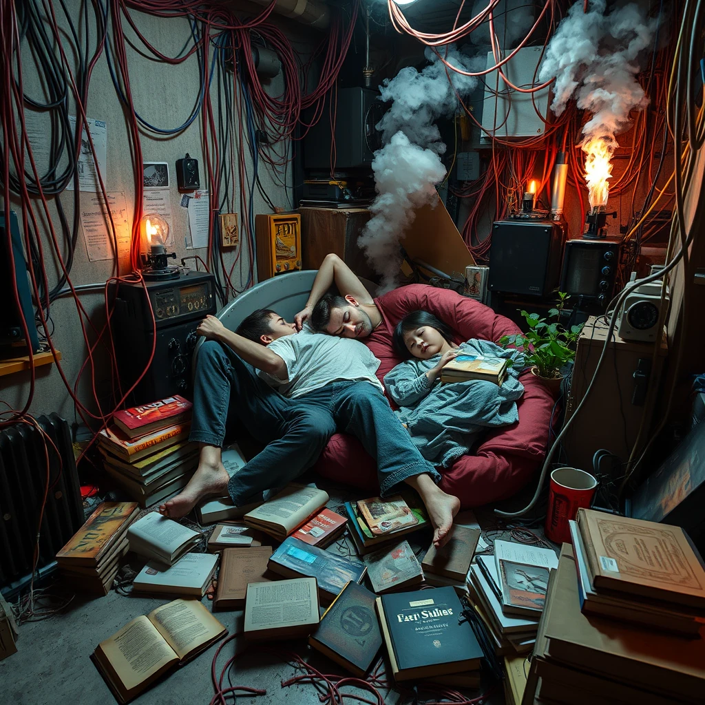 A real-life photograph, wide shot, of a handsome teen guy with a good physique and a Japanese teen girl sleeping in the corner of a room. The room has some books scattered messily, and many wires of varying thicknesses are on the floor and in the air, including red, blue, yellow, and other colors. Additionally, there are some machines emitting steam and fire. The lighting is dim, and there are some plants. - Image