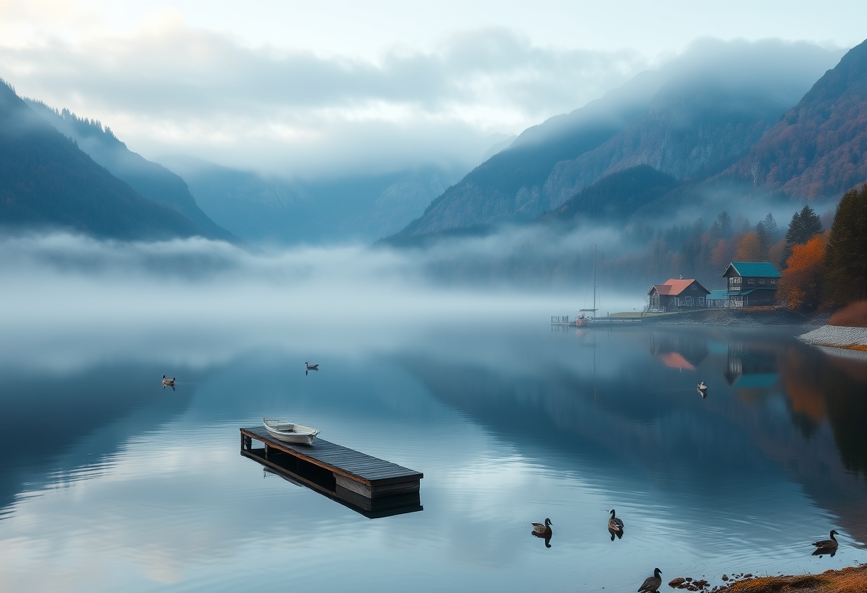 Tranquil, misty lake, surrounded by mountains, serene, high quality, photorealistic, reflection, peaceful, morning fog, autumn colors, breathtaking, idyllic::0.8 wooden pier, fishing boats, ducks, lakeside cabins, hiking trails, sunrise, sunset, misty mountains. - Image