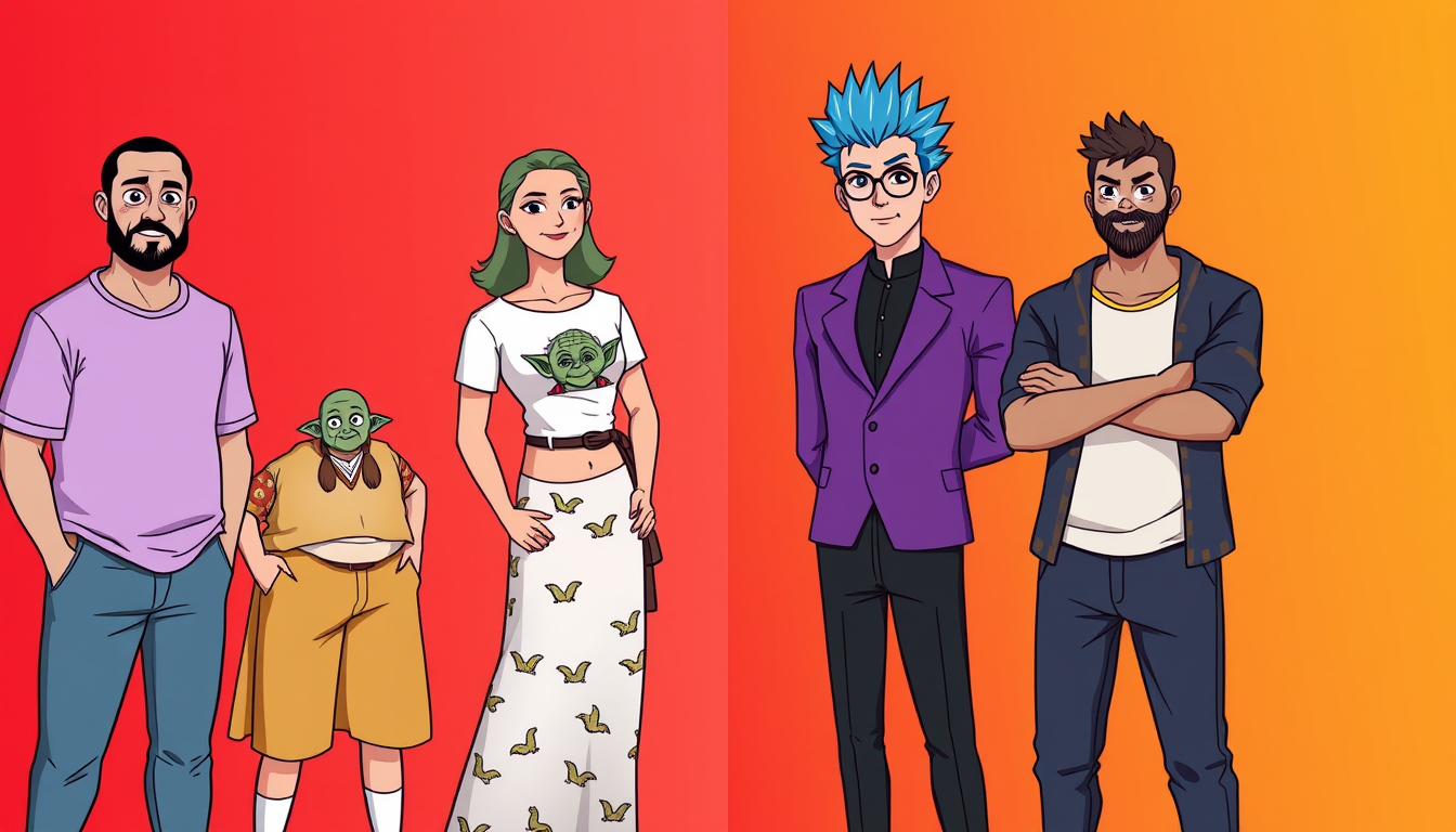 A cartoon style depicts five men standing together against a backdrop that is equally divided in half down the middle; the left side is red and the right side is gold. The woman is wearing a t-shirt with a Yoda motif and a long skirt with birds on it. One man is wearing a three-piece purple suit and has spiky blue hair. - Image