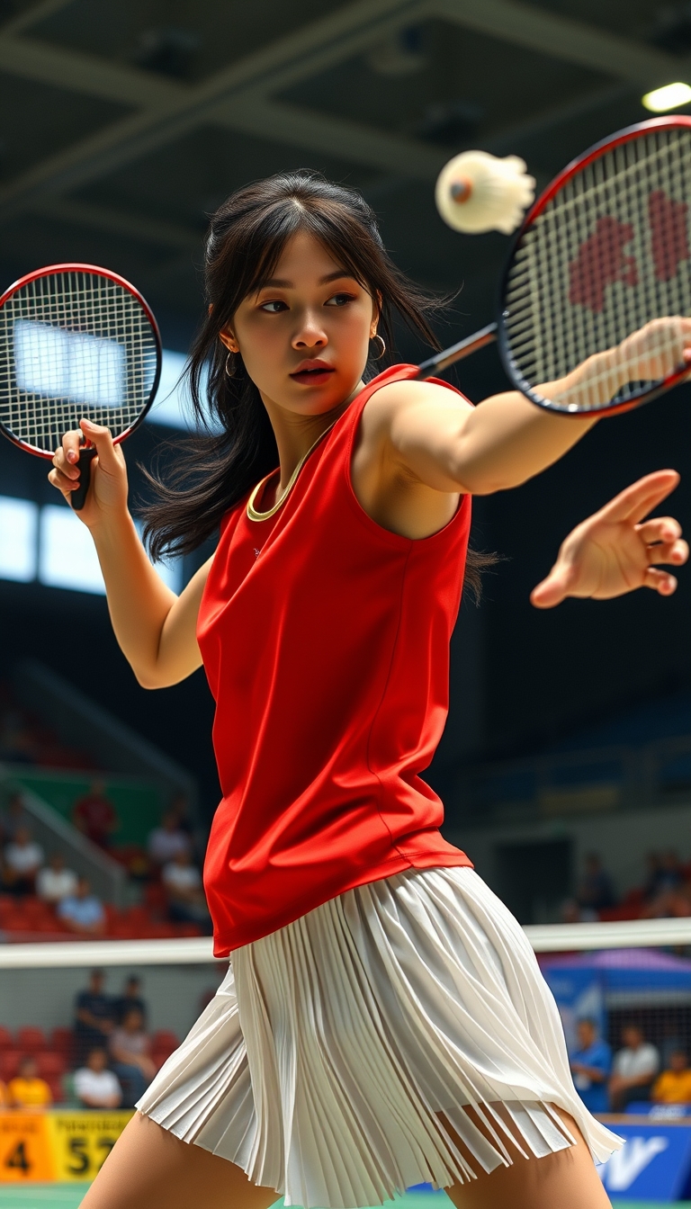 A detailed, realistic portrait of a young woman playing badminton in an indoor sports arena. The woman is wearing a bright red jersey and is mid-swing, her body in a dynamic, athletic pose as she focuses intently on the shuttlecock. The background is blurred, with glimpses of the court, net, and spectator stands visible. The lighting is natural and directional, creating shadows and highlights that accentuate the woman's features and muscular definition. The overall composition conveys a sense of energy, movement, and the intensity of the game. The image is highly detailed, with a photorealistic quality that captures the textures of the woman's clothing, skin, and the badminton equipment. A woman with a beautiful face like a Japanese idol, she is wearing a white pleated skirt. Badminton rackets and shuttlecocks with dynamic swings and motion blur. Depiction of the human body with a flawless personality.