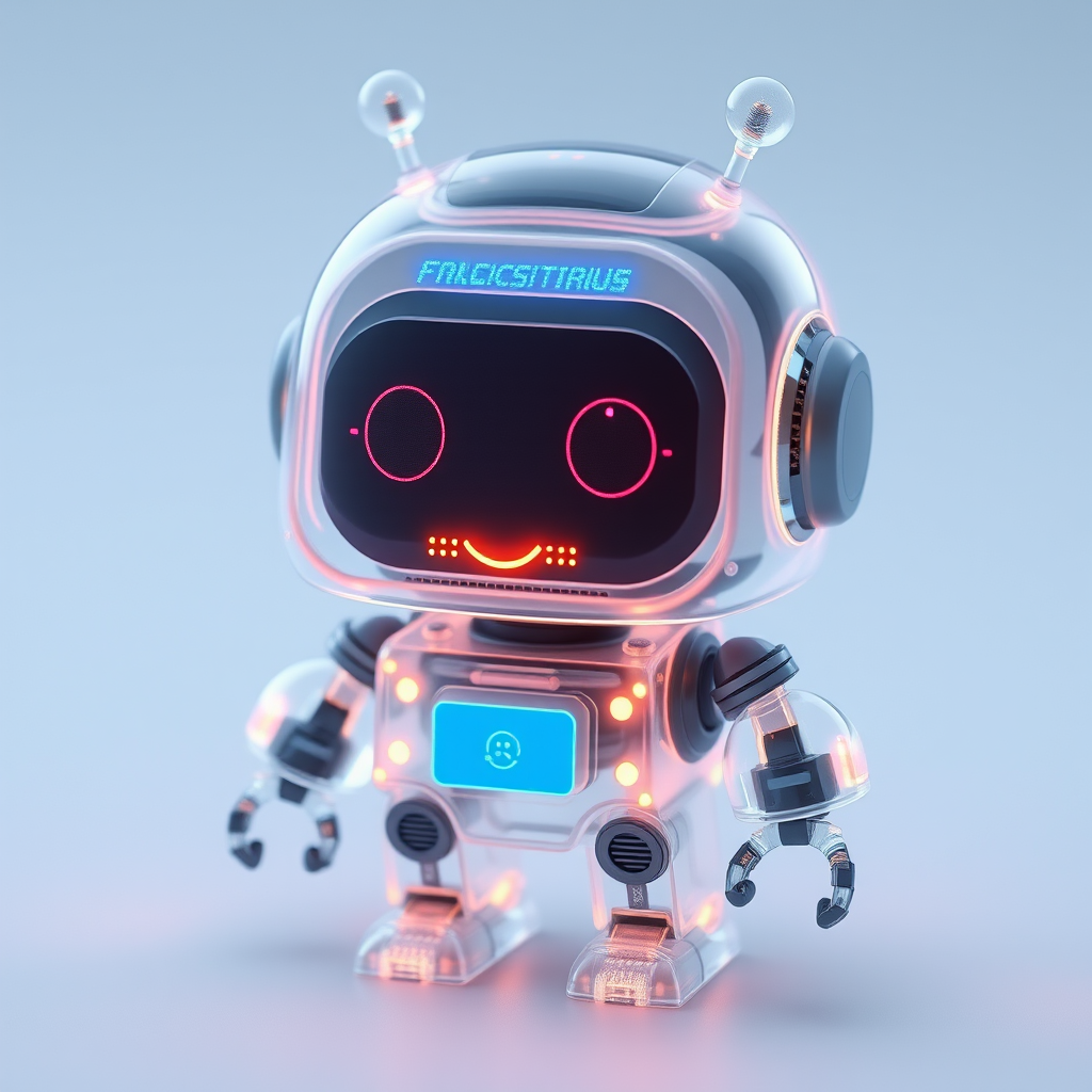 Cute aesthetic, a (tiny cute translucent polycarbonate robot) with an LED screen face, emoticon, stunning unreal engine render, intricate details. - Image