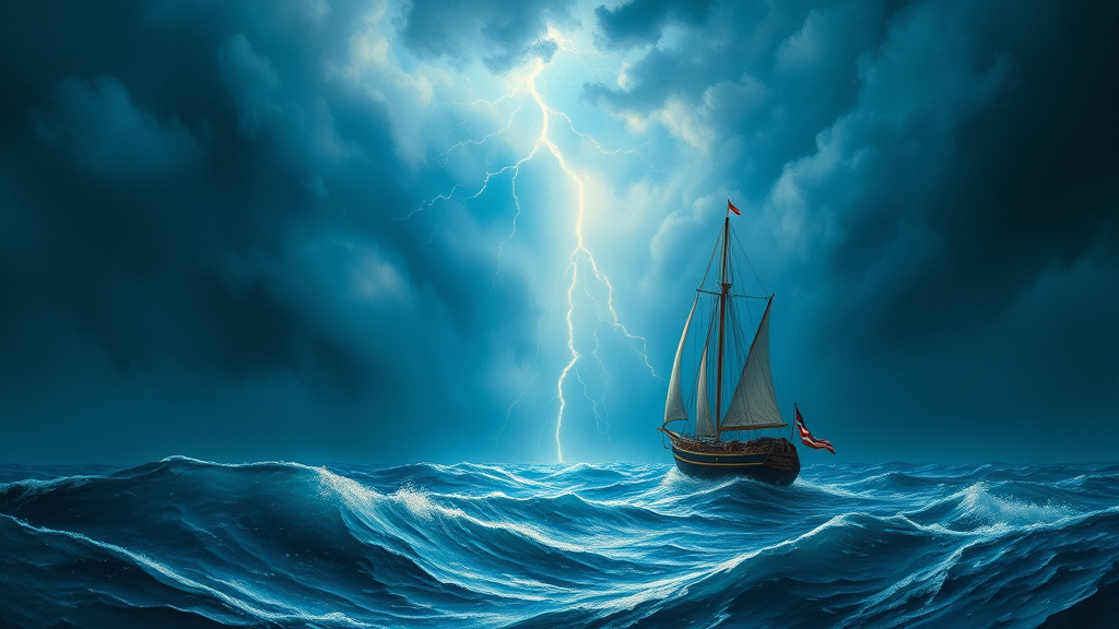 A sailboat in the middle of the ocean with a lightning bolt coming from the, inspired by Ivan Aivazovsky, romanticism, shutterstock, storm at sea, a ship lost in a storm, in a storm, a violent storm at sea, wild ocean storm at night, storm of all storms, Blue tone, Pastel color.