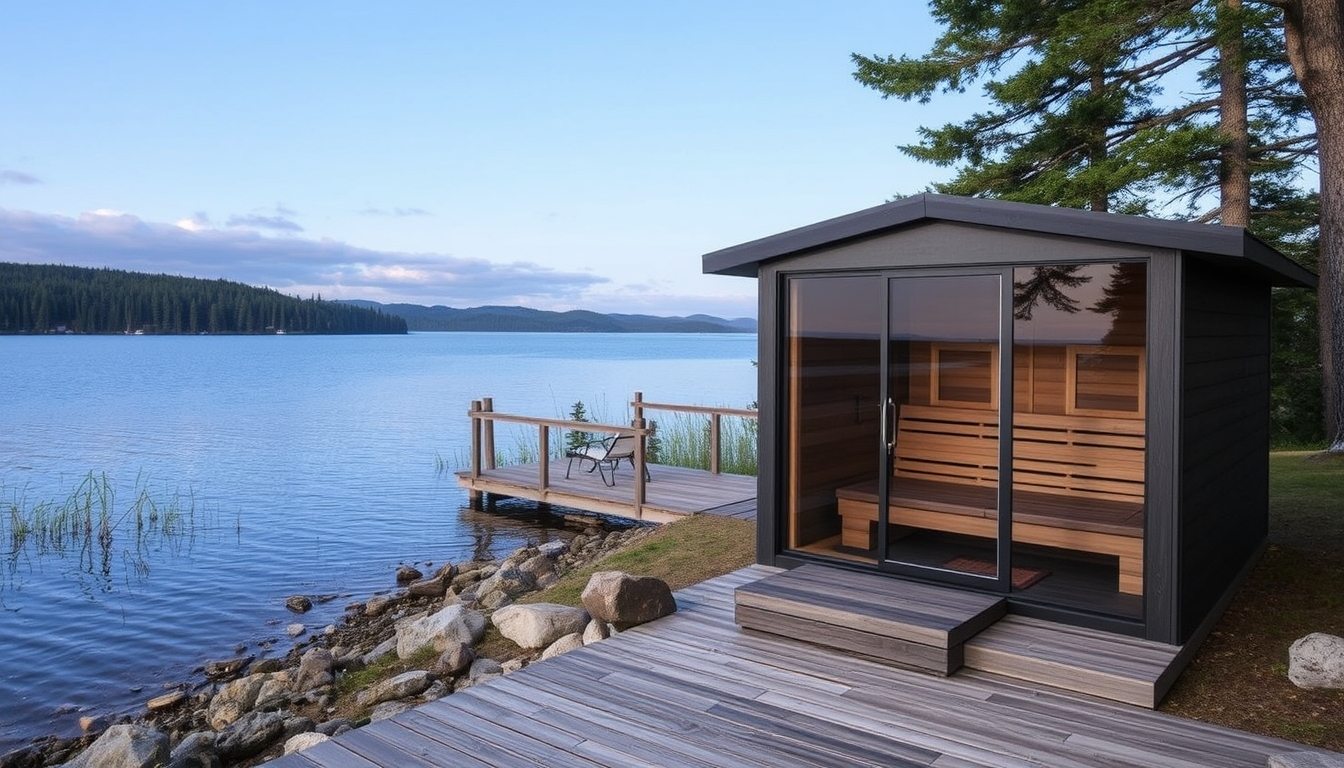 A peaceful lakeside retreat with a glass-fronted sauna overlooking the water.