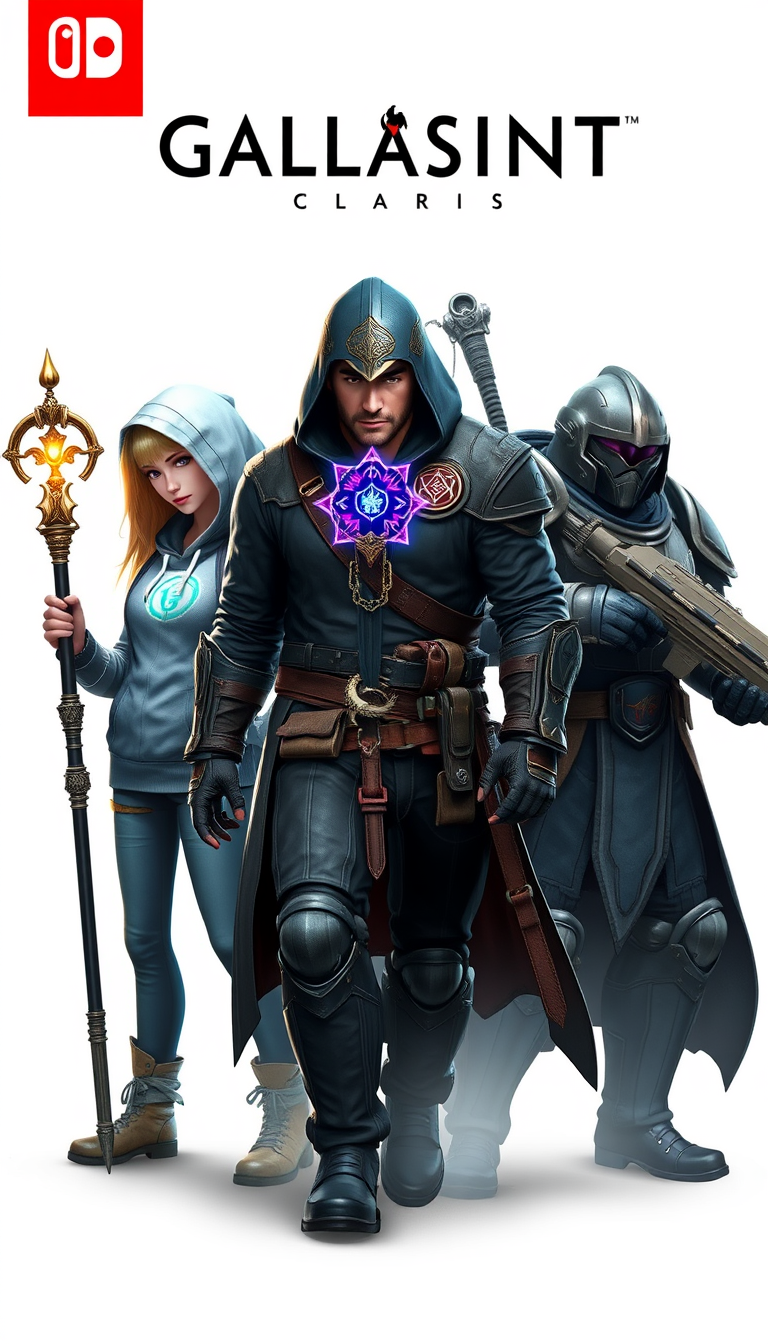 3 different video game characters in fantasy and medieval styles, a female character wearing a hoodie with enchanted symbols, a male character with a helmet holding a magical staff, a space marine character in armor in the style of a knight, game cover, epic theme, ultra detailed.