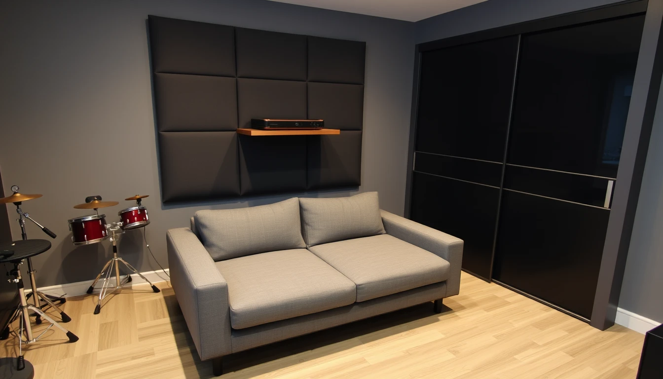 An entertainment room with a mini drum set in the left corner, a sofa bed in the center of the wall, a projector shelf on the sofa bed, and a sleek black sliding wardrobe in the right corner.