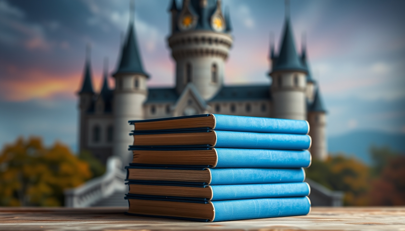 Stack of blue books with blurred castle background - enchanting fantasy book cover or literature concept.