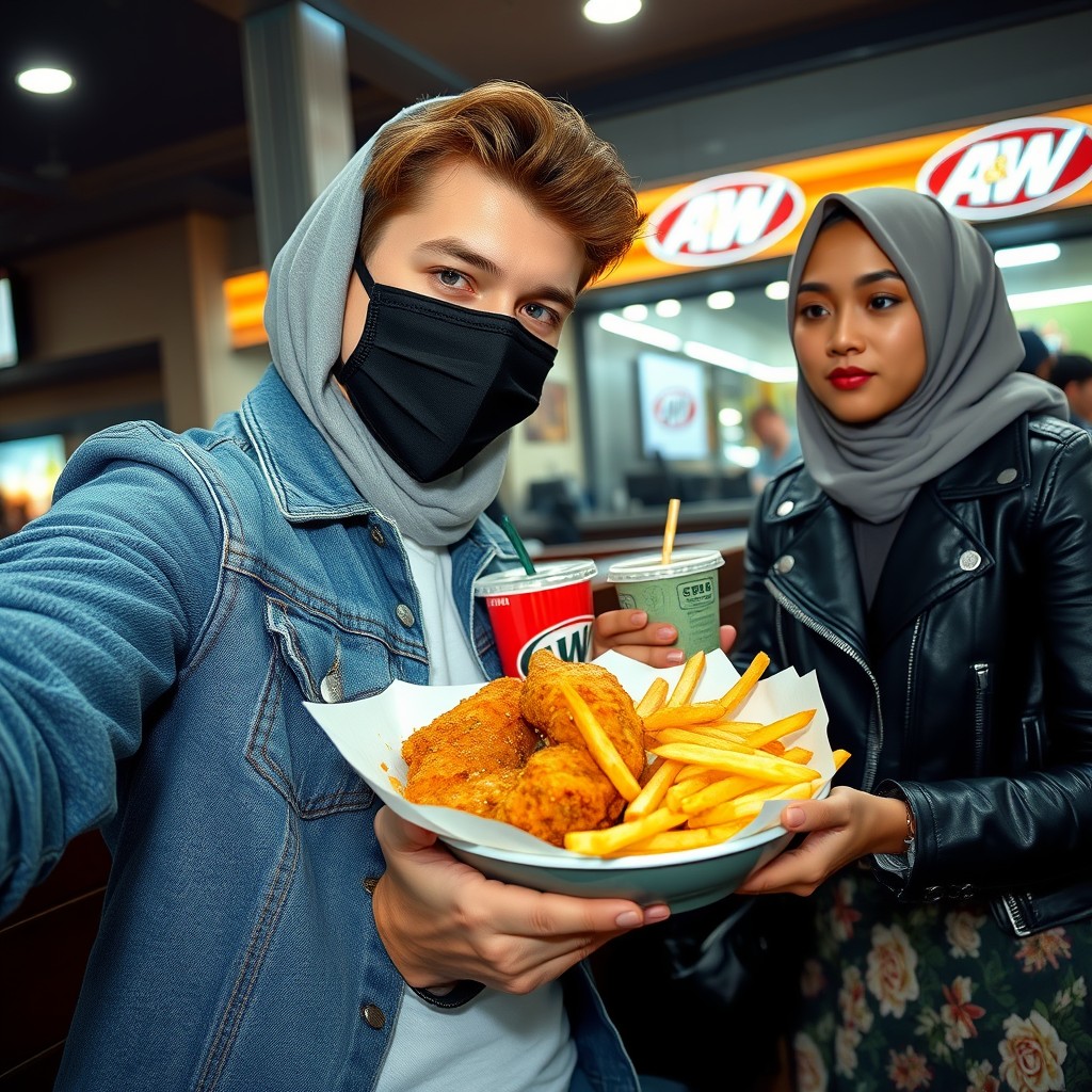 Jamie Dornan's head and body shot, handsome, young, face mask black, blue jeans jacket, jeans, dating love with grey hijab Muslim girl, beautiful eyes, face mask black, black leather jacket, biggest floral skirt, at A&W fast food restaurant, plate of Korean fried chicken and fries, soft drink A&W, photorealistic, hyper-realistic, street photography, selfie.