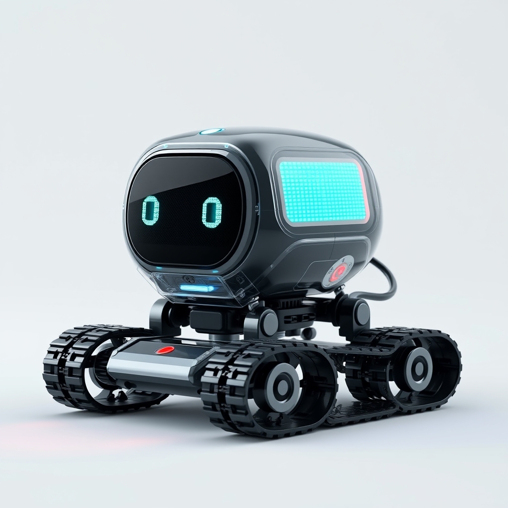 Cute aesthetic, a small and cute semi-transparent triangular tracked robot with an LED screen face, emoticon, stunning unreal engine render, intricate details, simple background.