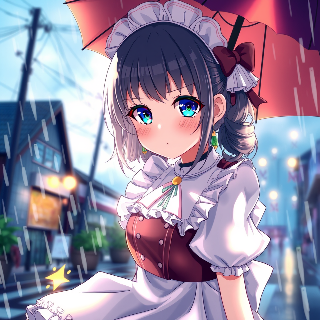 Anime art of a girl, beautiful, maid, frilly dress, detailed scene, stunning details, trending on ArtStation, rainy day, ray-traced environment, vintage anime artwork.