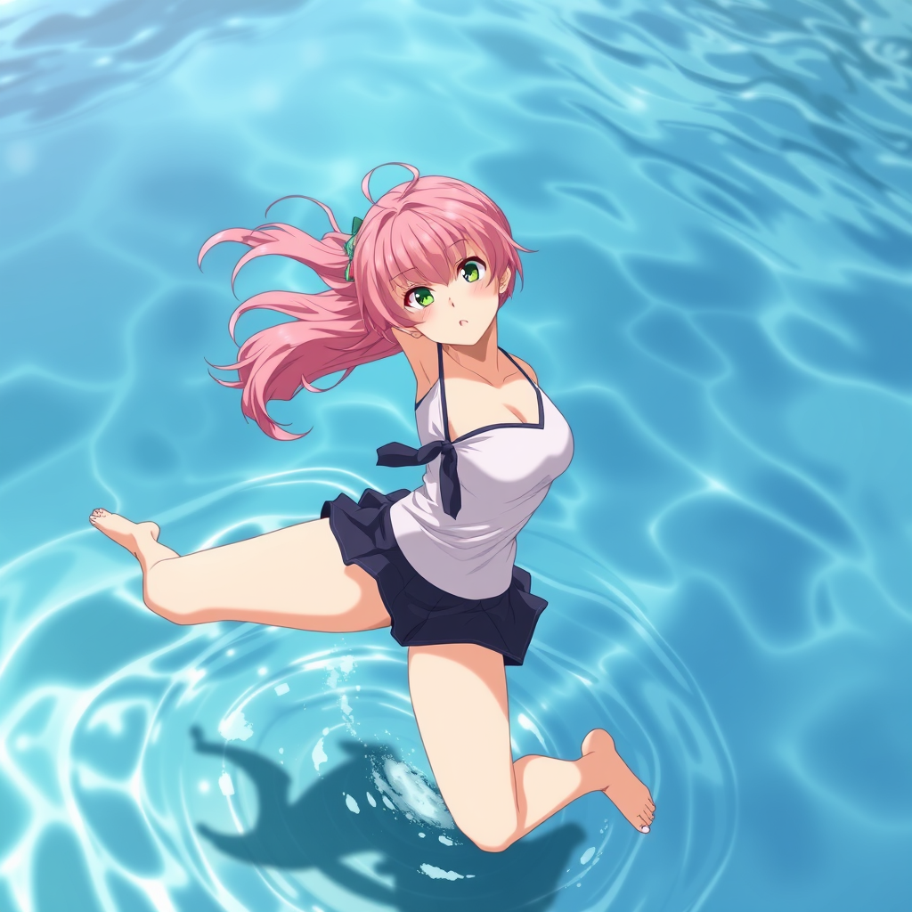 Anime art of a motherly woman, pink hair, school swimsuit, detailed scene, jumping on water, stunning details, trending on ArtStation, anime artwork, anime cel shading, detailed soft shadows.