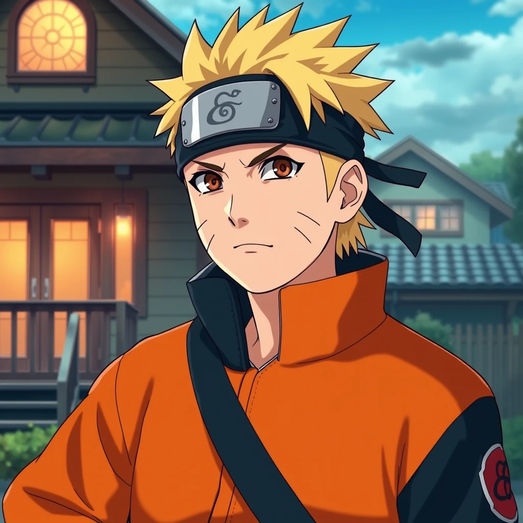 "Create a hyper-realistic image of Naruto in a realistic human version, with a realistic background of the house where they live."