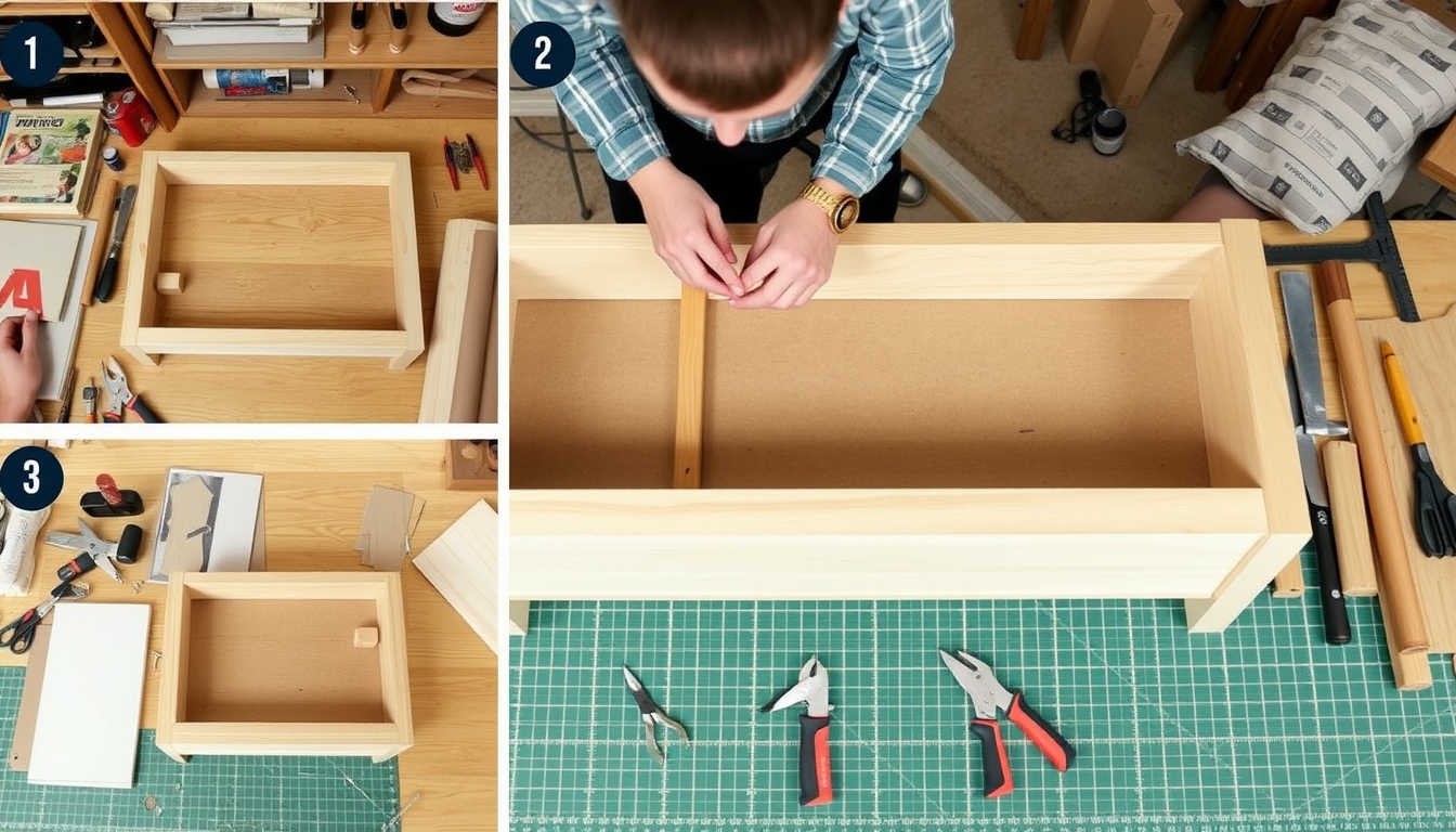 A step-by-step shot of a person assembling a piece of furniture, with tools and materials neatly arranged around the workspace.