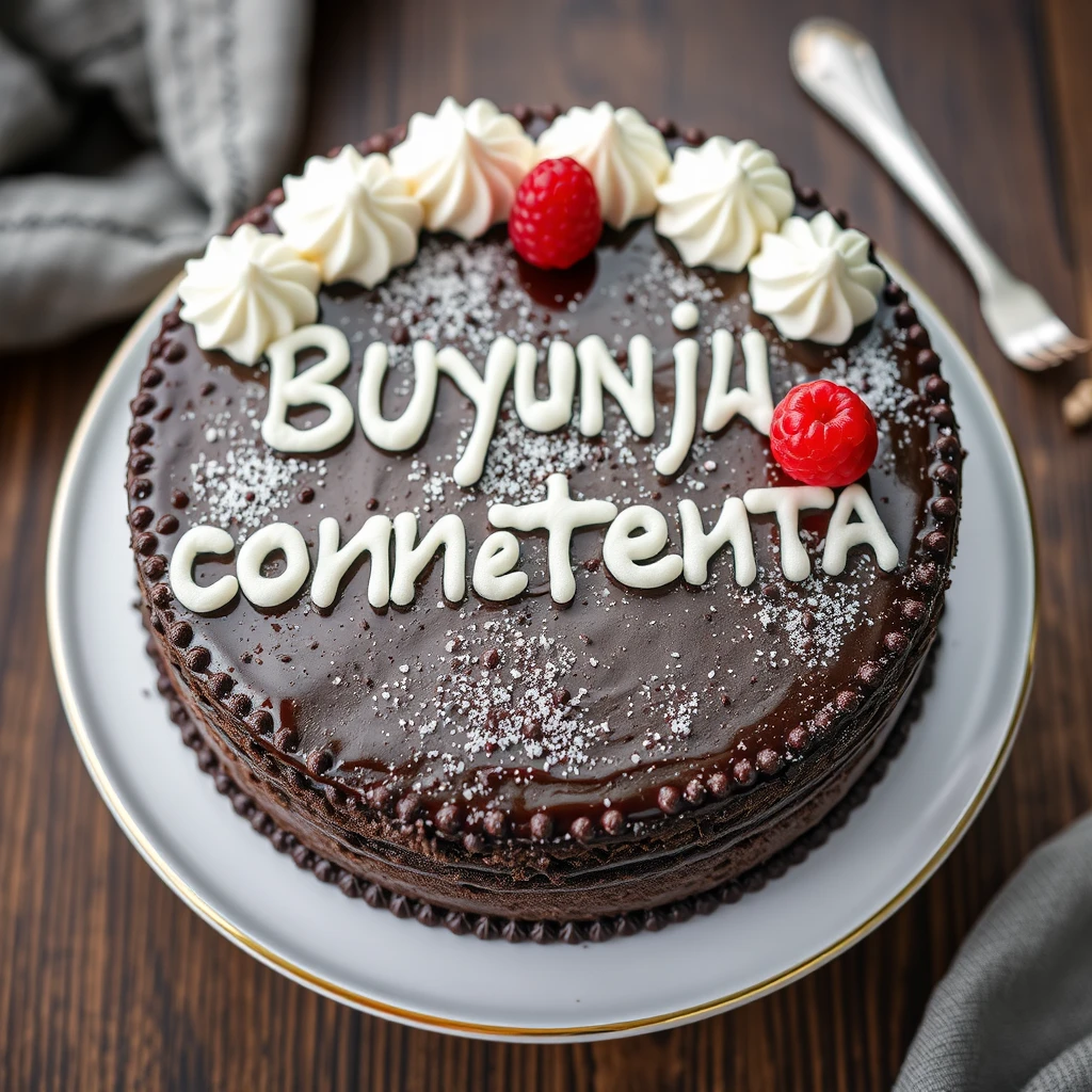 "Black forest gateau cake spelling out the words in Russian 'Кухня контента', tasty, food photography, dynamic shot." - Image