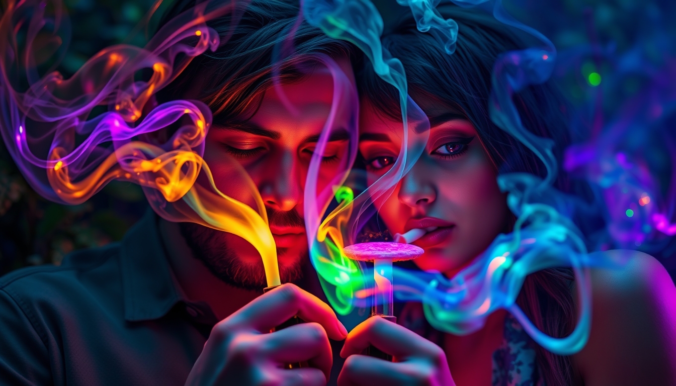 Close-up of the couple lighting up mushroom pipes; the smoke curling intricately in the air surrounding them with vibrant, swirling colors. The scene is focused on their entranced faces, eyes reflecting the kaleidoscopic colors of the smoke. Background foliage is slightly blurred, enhancing the hallucinogenic effect. A surreal and vibrant portrayal with rich greens, mystical purples, and neon shades accenting the setting. Incorporate elements of nature, futuristic technology, and psychedelic visuals with iridescent light trails and hazy glow, creating an otherworldly, dream-like atmosphere.