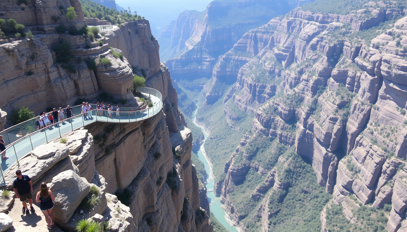 A glass bridge spanning a deep canyon, with tourists marveling at the view below. - Image