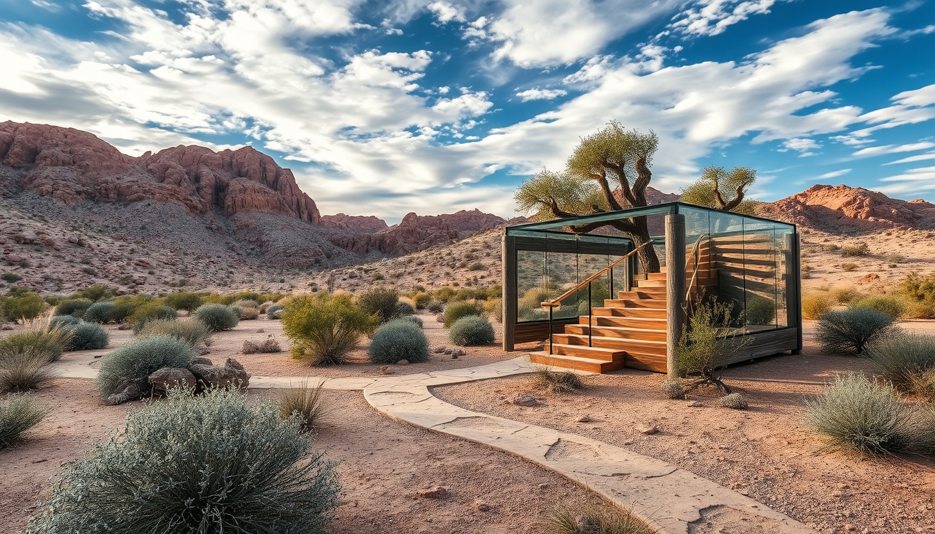 A dramatic desert landscape with a glass pavilion offering shade and shelter.