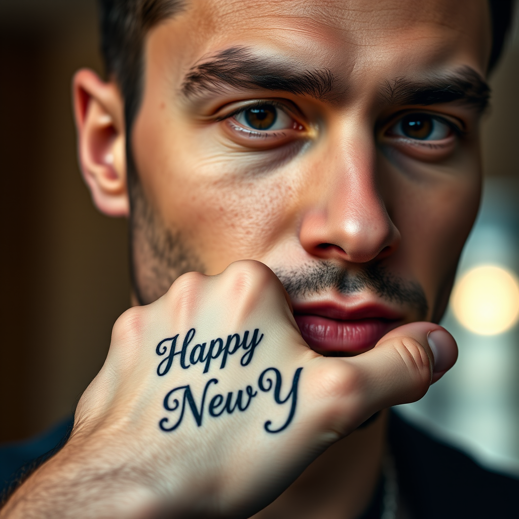 Realistic close-up portrait of a handsome man with sharp, well-defined facial features, holding up his palm to reveal a "Happy New Year" tattoo in elegant, bold lettering, soft diffused lighting that highlights both his face and hand, 4K ultra-high definition, warm and natural color tones, shallow depth of field with a softly blurred background, ensuring the focus remains on his expression and the clear, legible tattoo. - Image