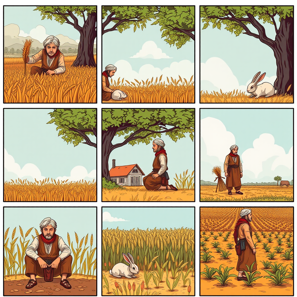 The image style is "cyberpunk," featuring an ancient farmer in a nine-grid layout. Each grid's size is 9:16. The characters in each scene will all use the same farmer, ensuring that the face shape and clothing remain consistent throughout. In the first panel, the farmer is harvesting wheat. In the second panel, the farmer is sitting under a tree, and a rabbit is rushing by. In the third panel, the rabbit is lying on the ground. In the fourth panel, the farmer is walking toward a house. In the fifth panel, the farmer sits under the tree. In the sixth panel, the farmer sighs while sitting under the tree. In the seventh panel, the farmer stares blankly at the sky. In the eighth panel, the crops have withered. In the ninth panel, the farmer is planting seeds in the field. - Image