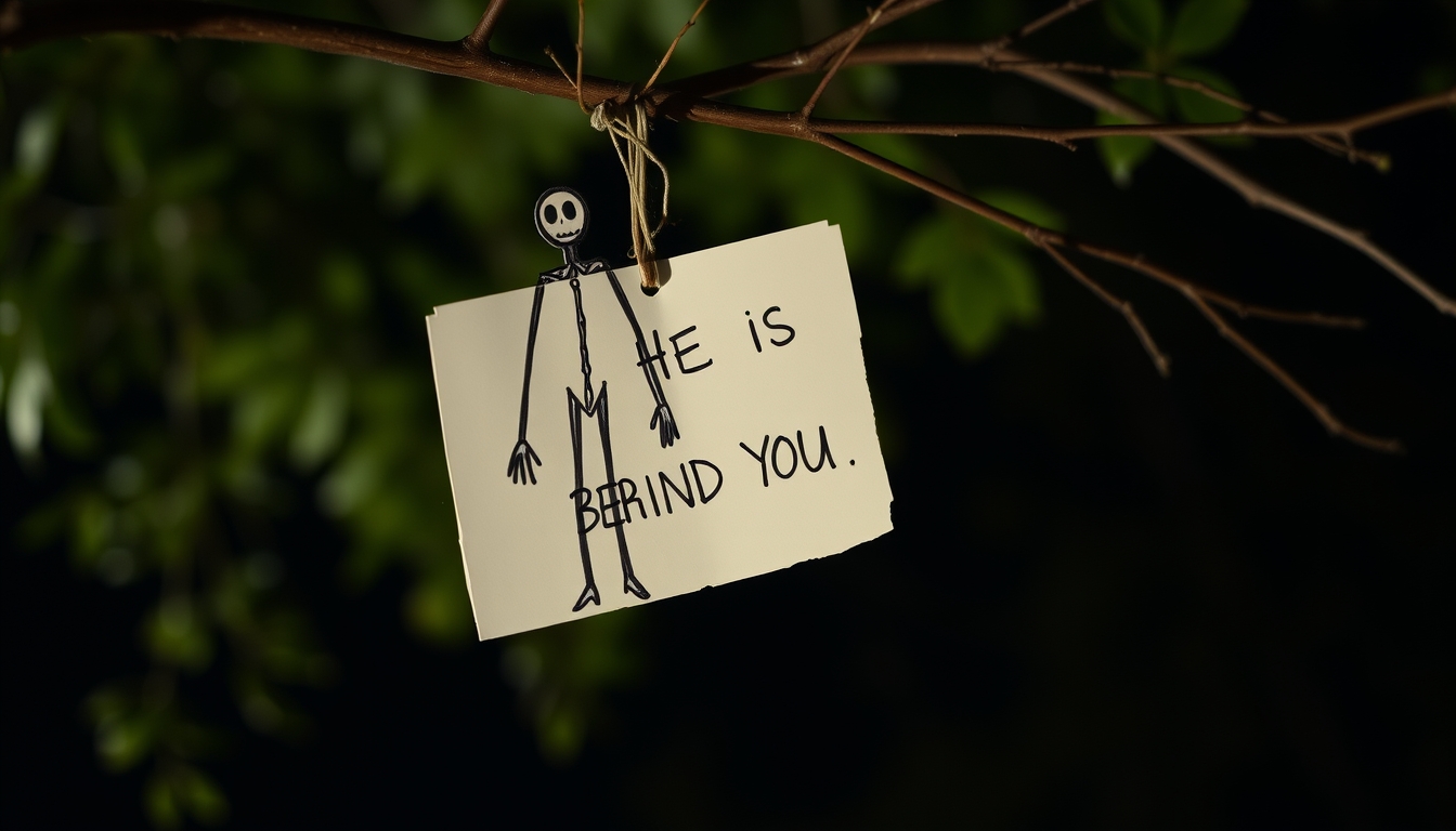 A hand-drawn slender man on paper and a handwritten text that says "HE IS BEHIND YOU," attached to a tree branch, in the middle of the night.