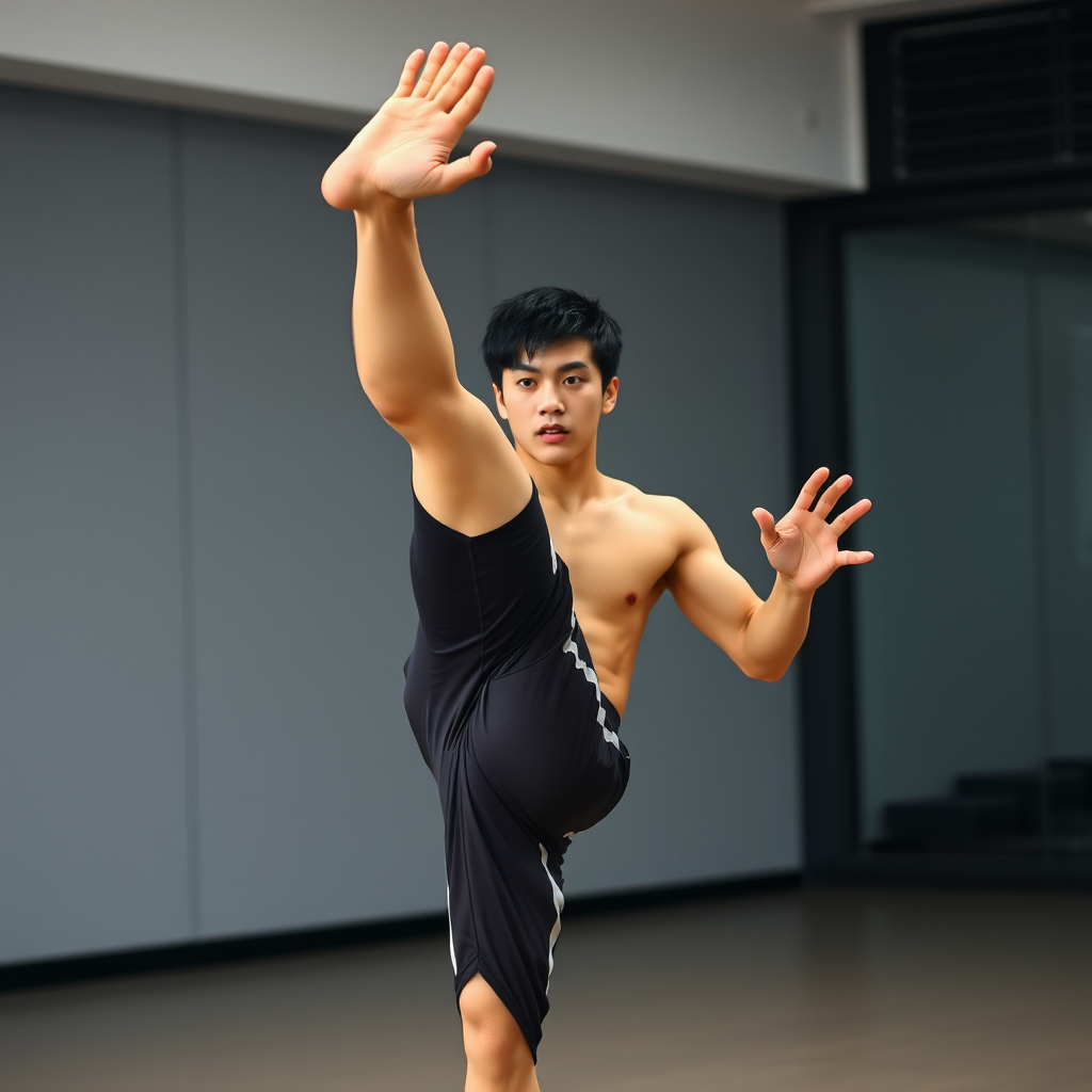 A full-body shot of a 19-year-old Japanese PT trainer with short, straight black hair, fair skin, and a sharp, youthful face. He is executing a precise high kick, with one leg raised high in the air, displaying his lean and toned physique. His athleticism and balance are evident, with muscles engaged. His hands, each with five fingers, are positioned naturally by his sides. He’s wearing a modern, tech-inspired workout outfit, and the background shows a sleek, minimalist indoor training space. - Image