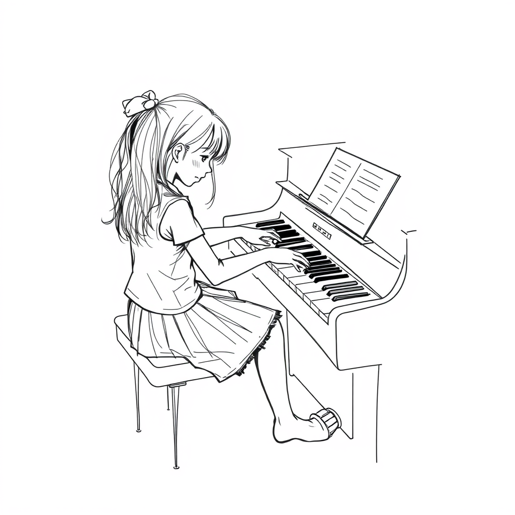 Generate a sketch of a girl playing the piano seen from above.