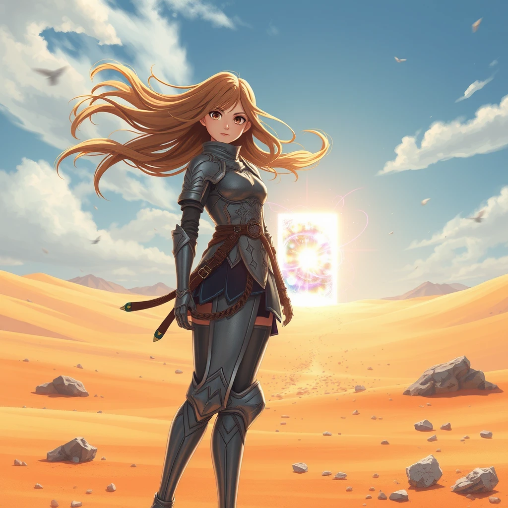 In a barren desert, the wind howls and the gravel flies. A girl dressed in silver tight armor stood with agile posture. Her long hair swayed in the wind, and her gaze was firm and sharp. Suddenly, a portal shining with a strange light appeared in the space ahead, containing a colorful flow of energy. Illustration style, 3D rendering, Hayao Miyazaki, ultra-high definition picture quality, 36k, -- niji 6. - Image