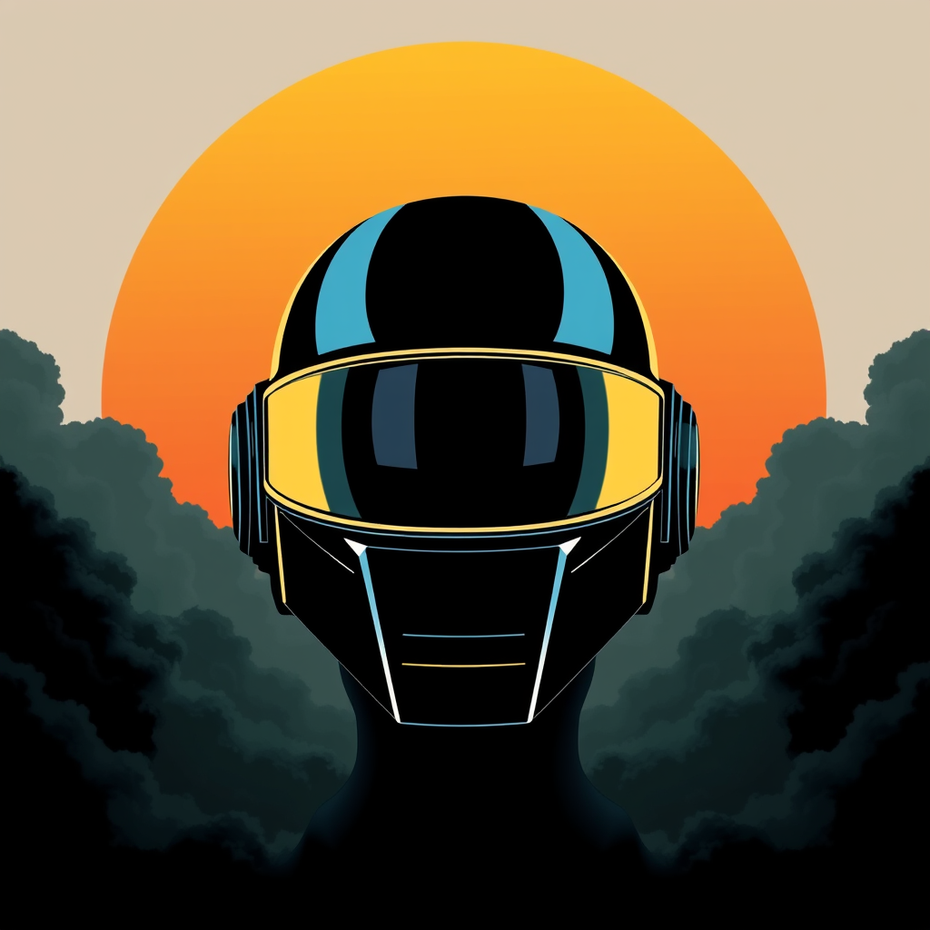 Daft Punk helmet in vector art style for a poster or T-shirt, featuring a large sun-like circle in the background, layered with dark grey clouds and tetradic color. The design includes black canvas, dark teal accents, and a sinister atmosphere, reminiscent of album art and CD cover artwork.