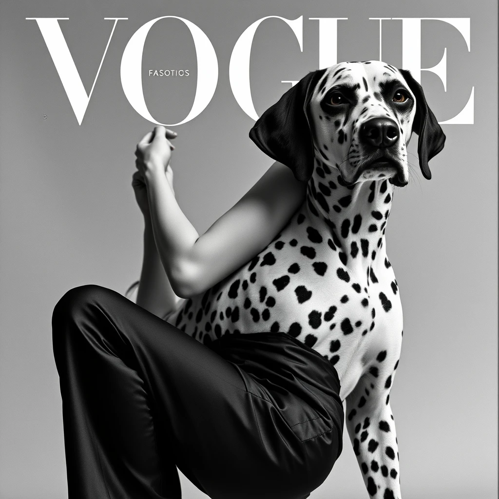 Vogue fashion cover style, Marlene Monroe posing seductively with her luxurious and stunning Dalmatian, black and white realistic photo, model posing front facing in black silk pants, attractive and mysterious expression, head tilted back and looking at the camera, shot at eye level, three-dimensional figure, detail.