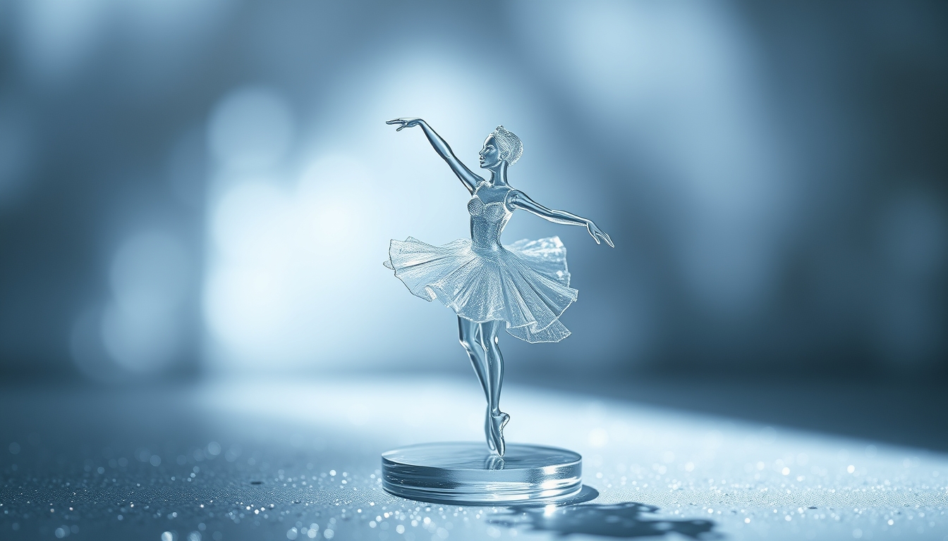 A delicate glass sculpture of a dancing ballerina, surrounded by shimmering light.