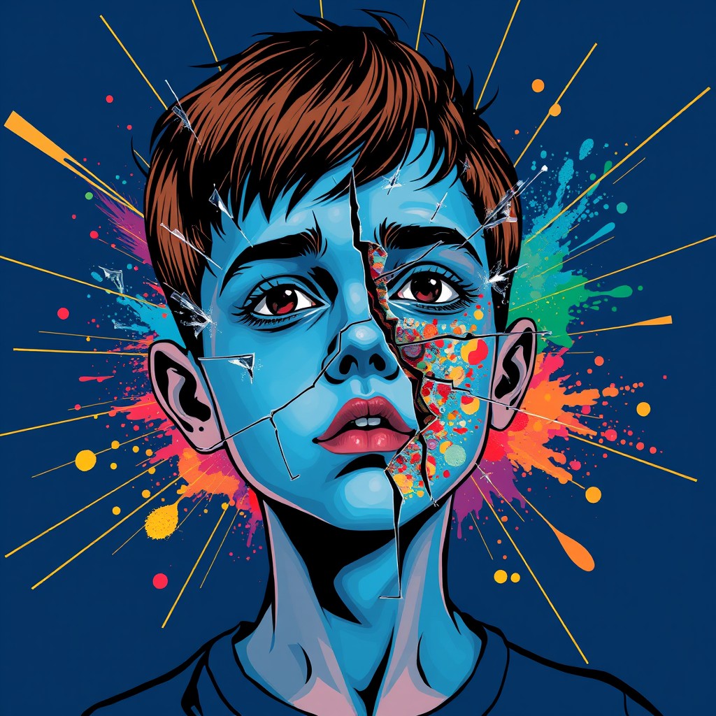 A boy with blue skin and an abstract broken face, surrounded by glass breakage and gold lines on a dark blue background, colorful explosion of the spillage of powder. Illustration style, Andy Warhol style, Picasso style. - Image