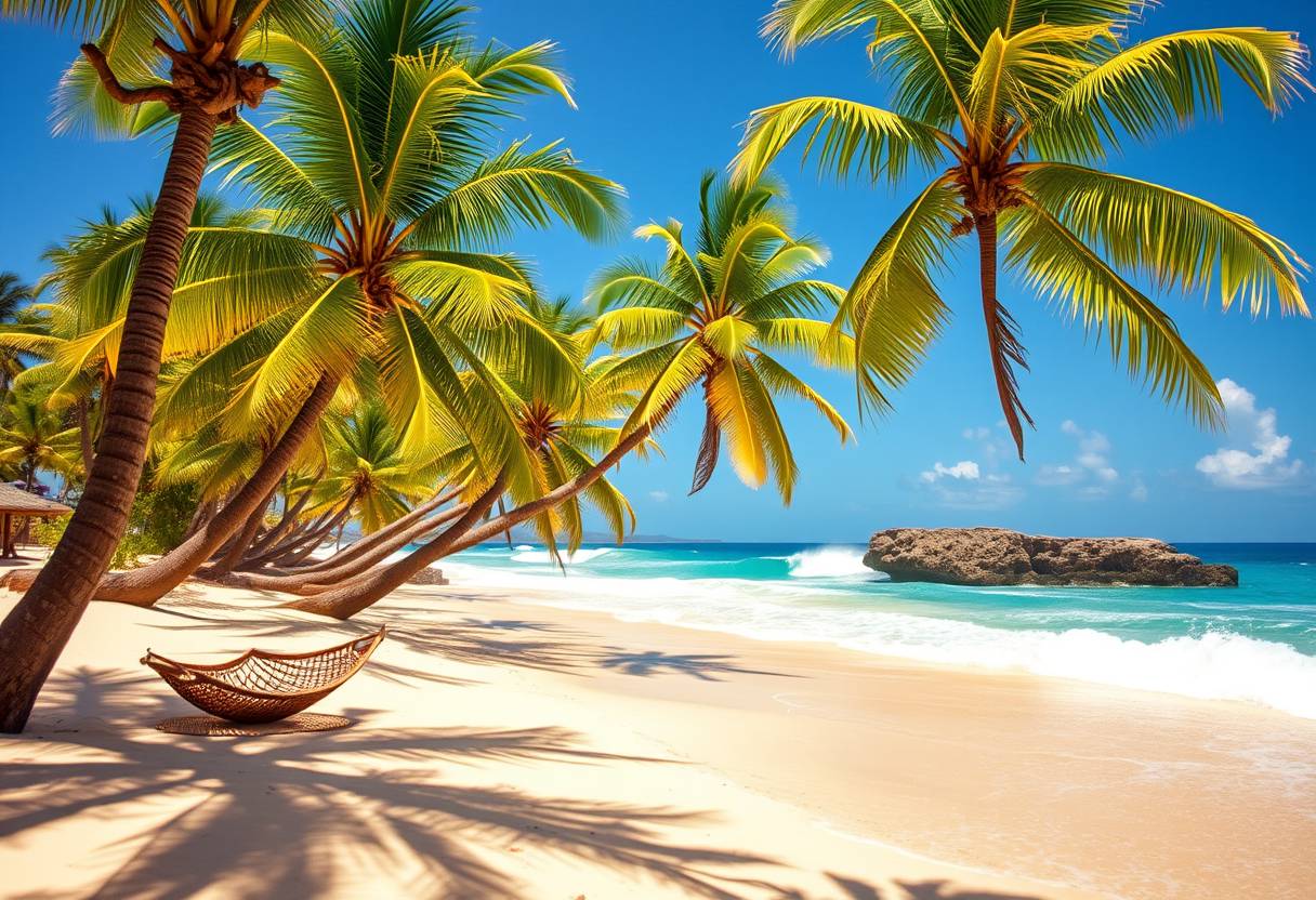 Golden, sandy beaches, turquoise waters, palm trees, exotic, tropical paradise, high quality, clear blue sky, pristine, seashells, hammock, peaceful, tranquil, vacation getaway, coastal::0.8 surfing, breaking waves, surfers, vibrant, energetic, sunshine, sand dunes, coastal cliffs. - Image