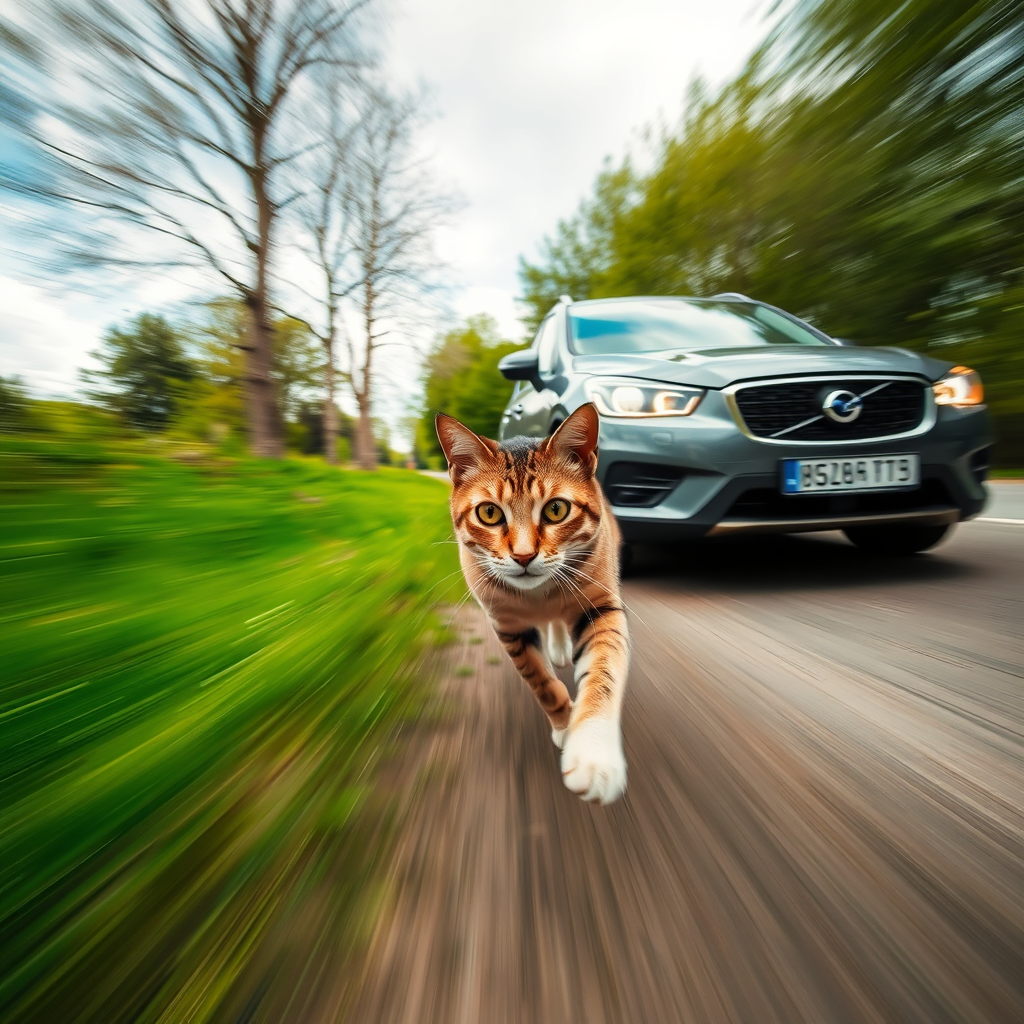 Super Slow Motion Shot of cat chasing a car Moving Towards Camera