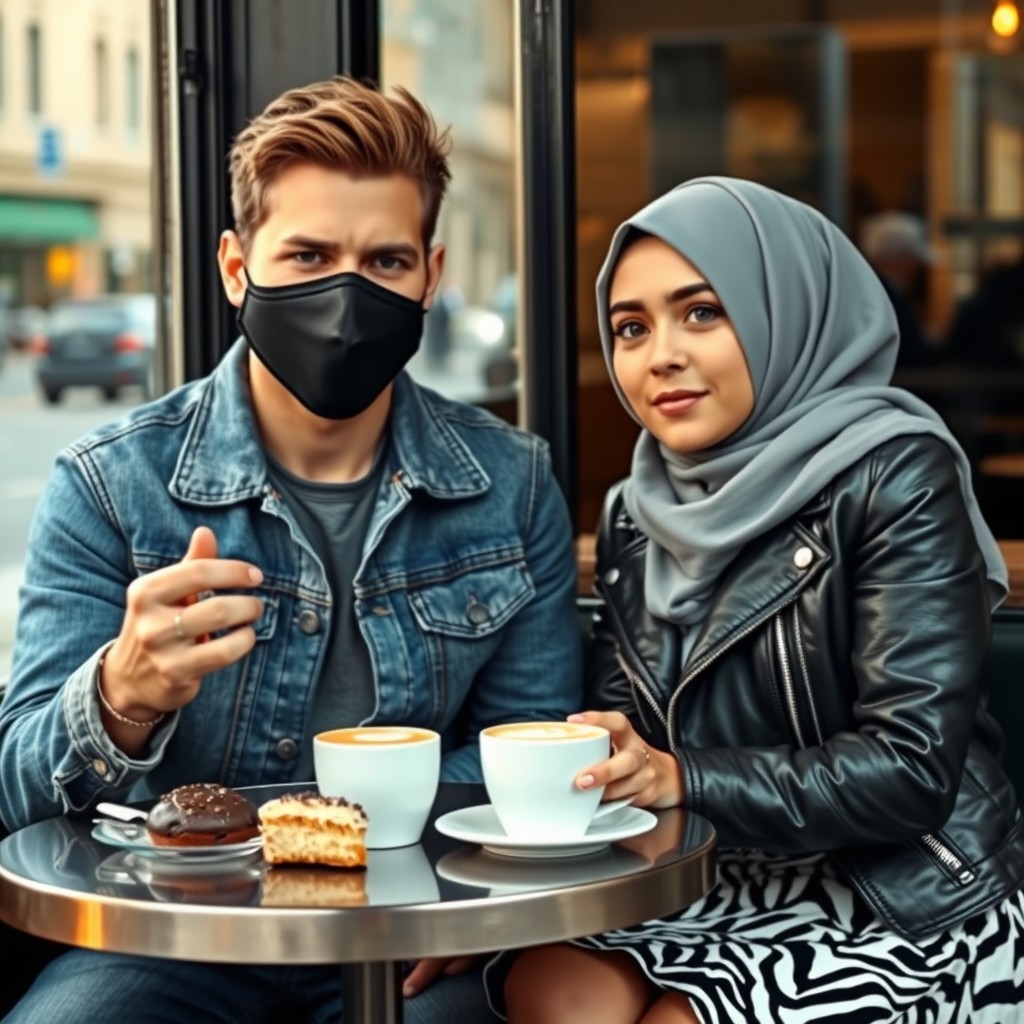 Jamie Dornan's head and body shot, handsome, wearing a black face mask, blue jeans jacket, and jeans, dating a Muslim girl in a grey hijab with beautiful eyes, also wearing a black face mask and a black leather jacket, paired with the largest zebra pattern skirt, at a café with two cups of latte, a muffin cake, and a chocolate donut on the table, photorealistic, hyper-realistic, street photography, selfie. - Image