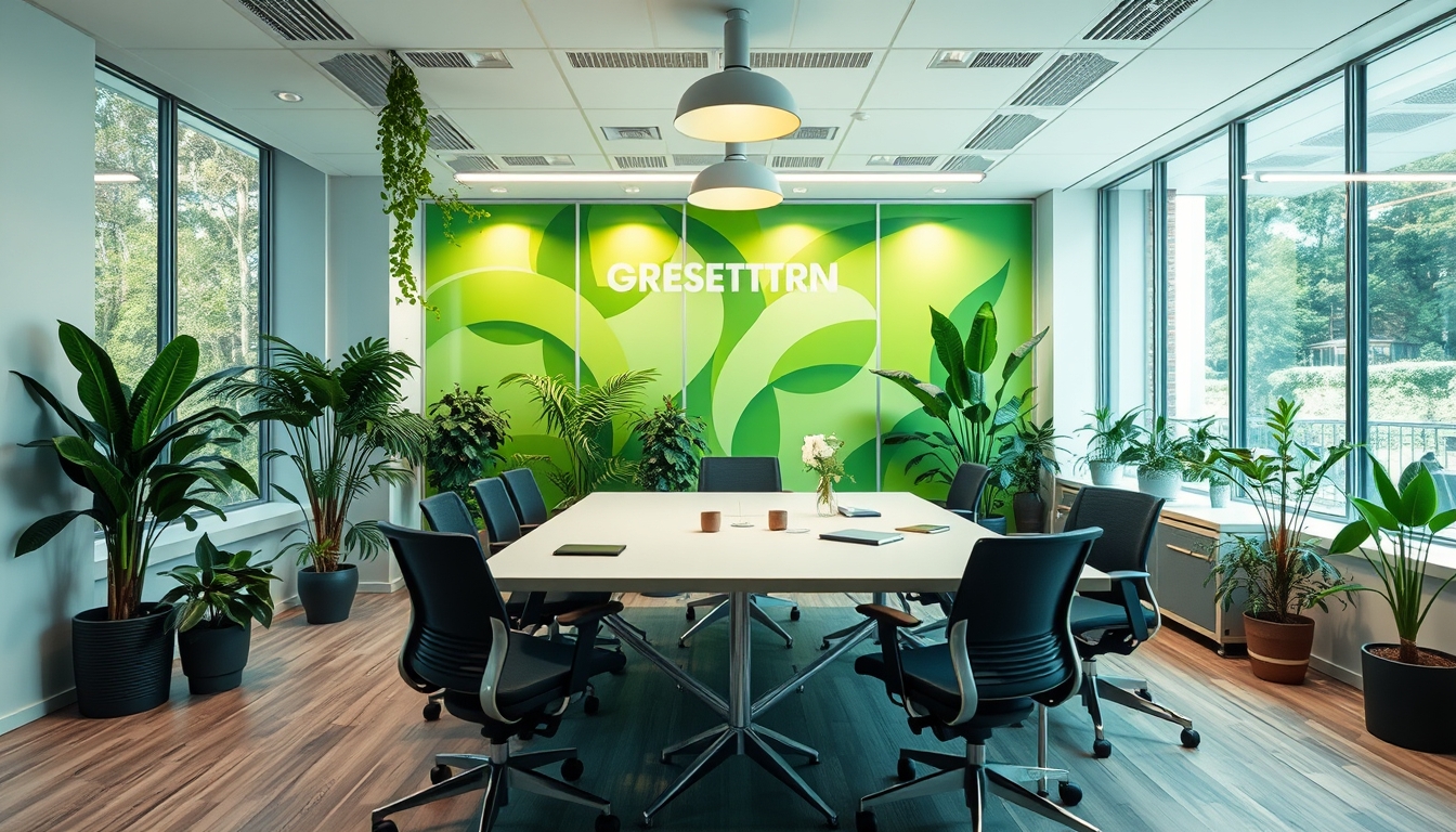 Green tech startup office with eco-friendly design, representing sustainable business. - Image