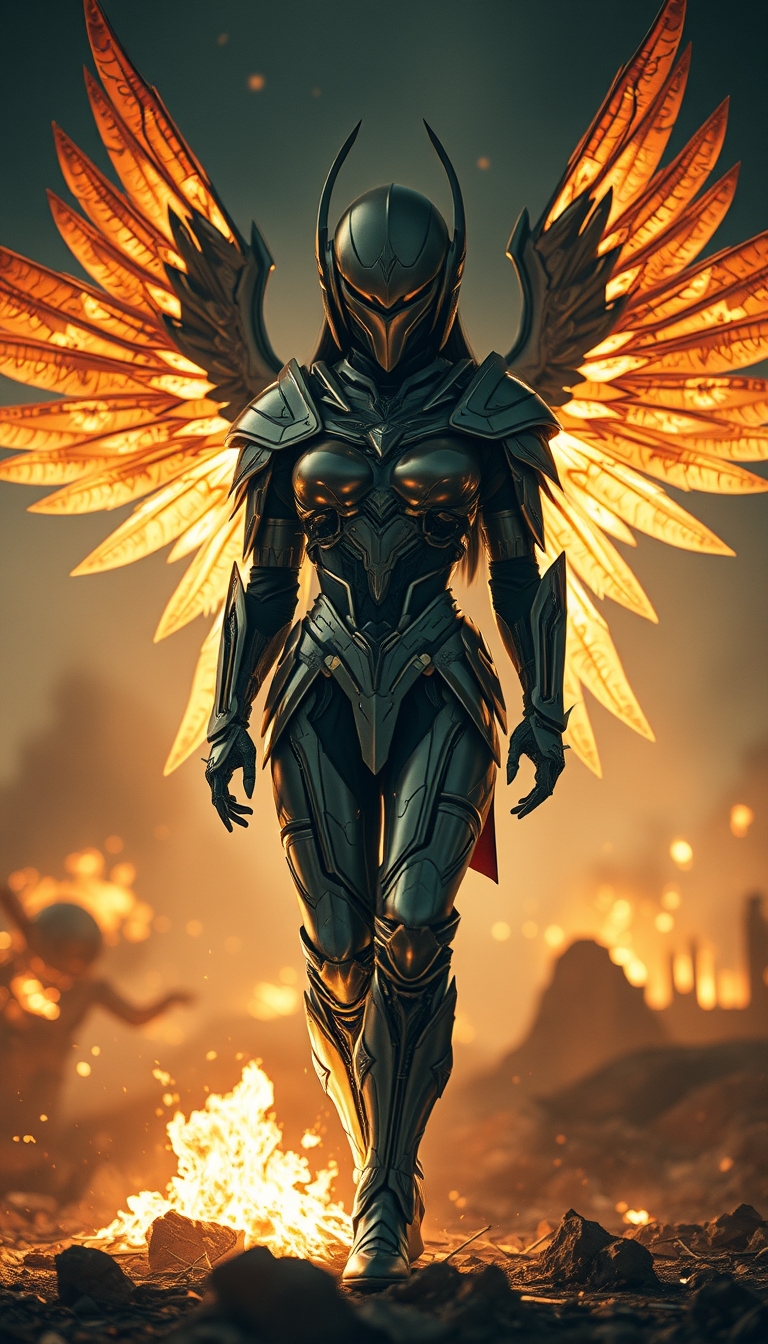 Cinematic shot of a cyborg female battle angel rising from ashes, wearing golden regal Valkyrie armor, futuristic full smooth helmet, standing on a battlefield, movie scene, film grain, realistic, shot from below, dark lighting.