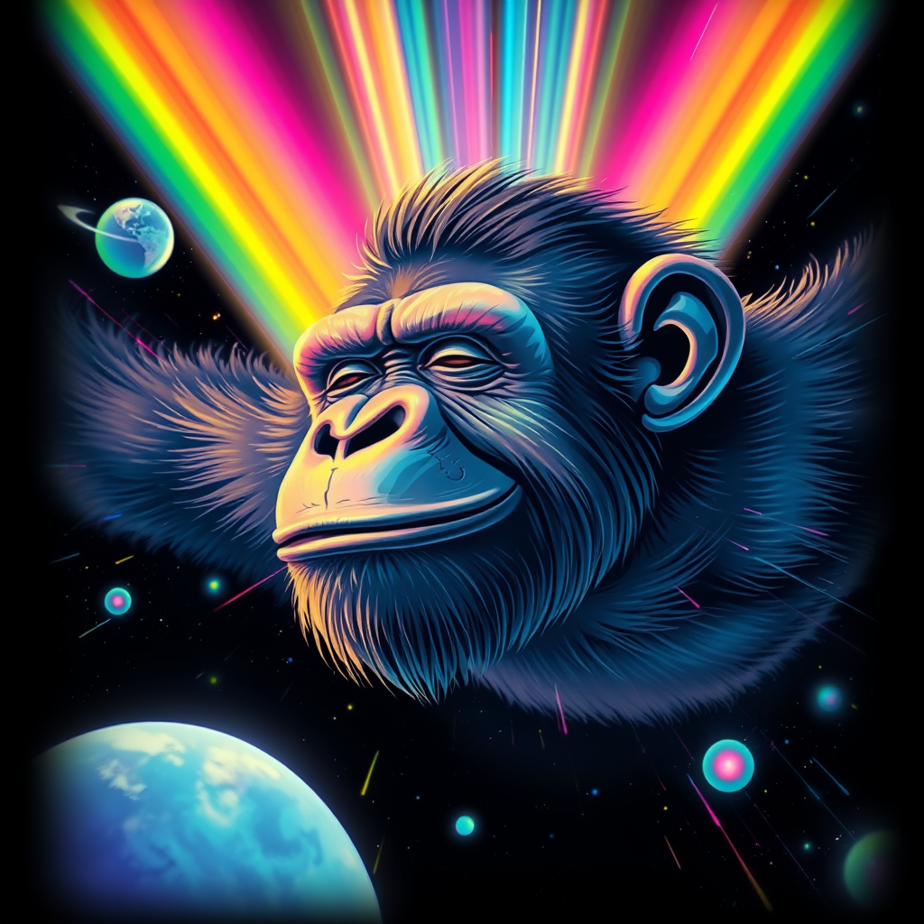 A tee shirt design of a peaceful smiling ape flying through a dreamy space world, with vibrant rainbow color flashes interspersed, while his eyes are closed with a serene expression. Tee shirt design. Striking and visually stunning. Glitchy edges fading to black around the entire image. Digital painting with a subtle beautiful acid rainbow cubic glitch effect throughout. The entire image should have a glitchy border that fades to black on the outside. - Image