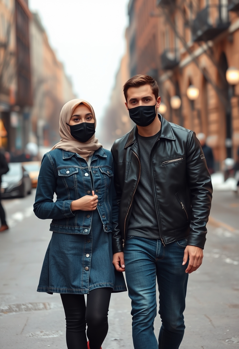 Jamie Dornan, handsome, black face mask, black leather jacket, jeans, dating, love couple with the biggest hijab Muslim girl, beautiful eyes, black face mask, jeans jacket, biggest skirt, red sneakers, winter scenery, realistic, street photography. - Image