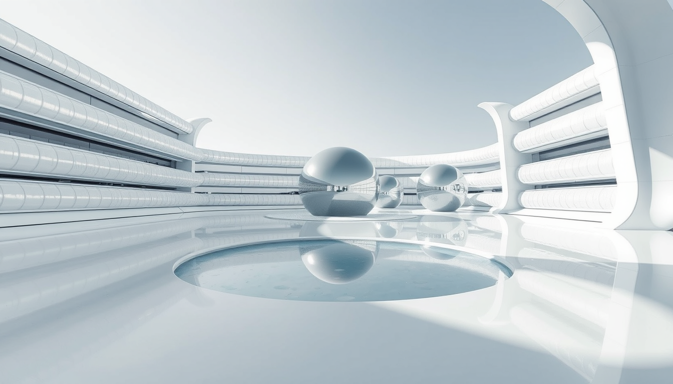 An eye-level, wide-angle shot of a fantasy, futuristic, and alien architectural square that features horizontally and vertically curved structures covered in white metallic reflective material. In the background, there are a few spherical silver objects with reflective, metallic surface that resemble large, smooth capsules. These objects are positioned on a sleek, ultra white shiny floor that reflects their surfaces. The focus is the sleek horizontally and vertically curved architecture covered in white metallic reflective material and a water feature. The mood is serene and cool, bursting with futuristic creativity.