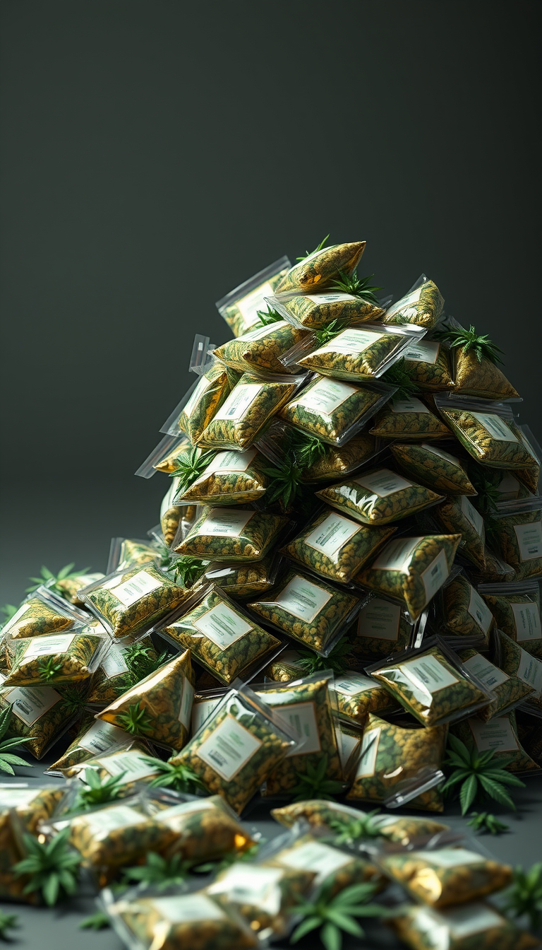 3D realistic render of a guy with tons of opened CBD bags felt on the ground. - Image