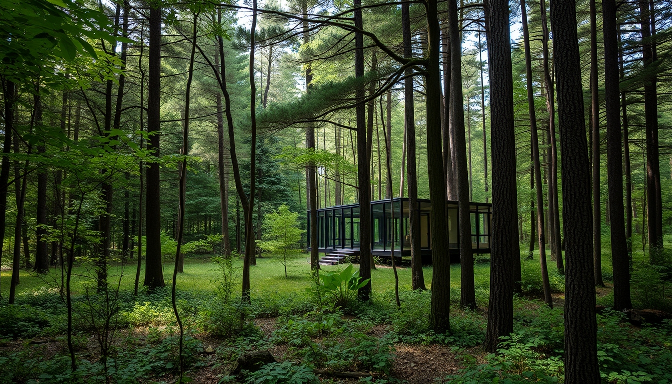 A tranquil forest scene with a hidden glass house blending into the surroundings. - Image